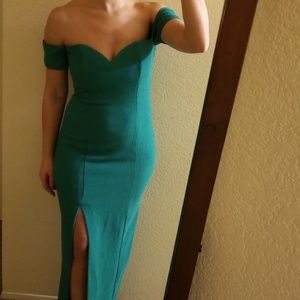 Teal green long off the shoulder dress with slit